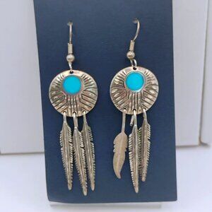 Vtg Native Southwest Sterling Silver Turquoise Feather Dangle Earrings - READ